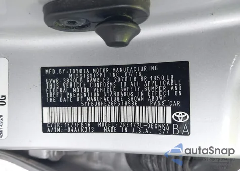 2016 Toyota Corolla Le from USA, damaged, VIN 5YFBURHE2GP548986